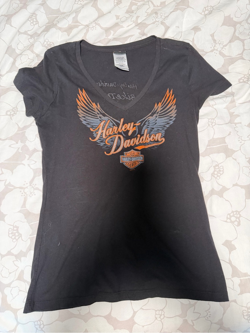 Harley-Davidson Black Tee with Orange and Gray Winged Logo